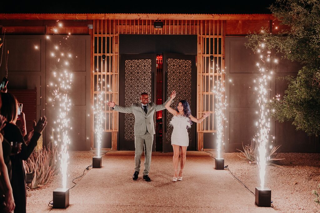bride and groom walk out during cold sparkler exit
