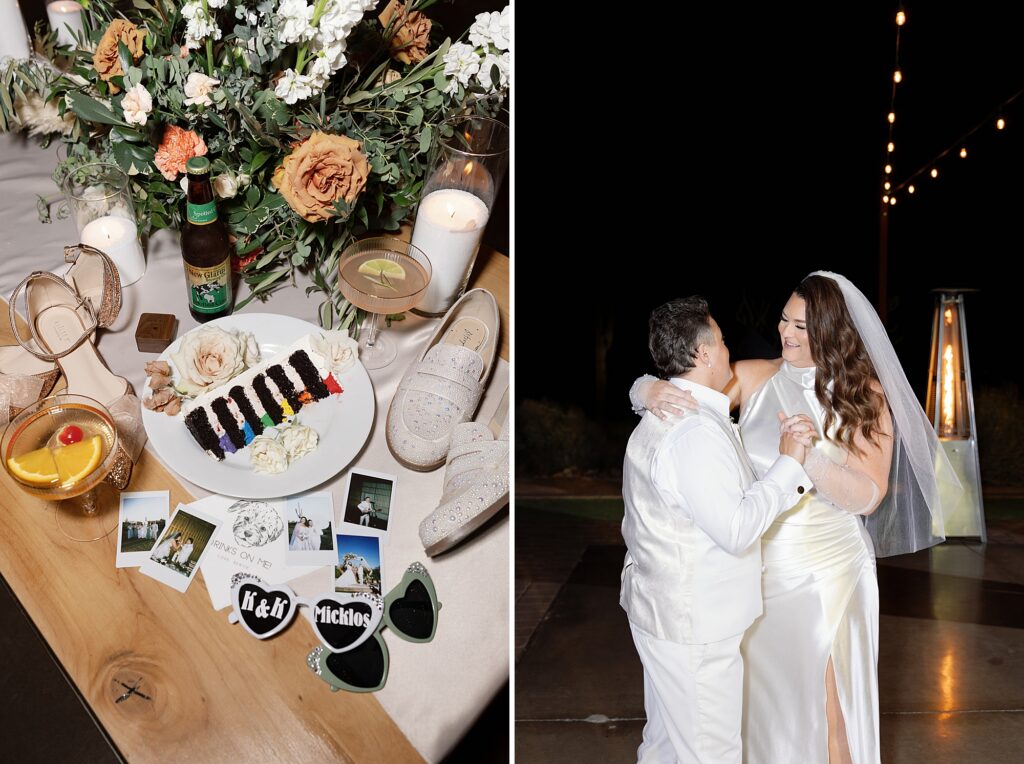 Two brides share first dance at paseo wedding.