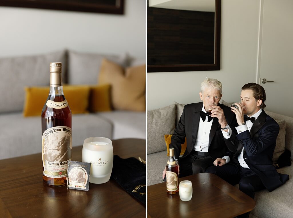 groom and his father share whiskey toast on wedding day