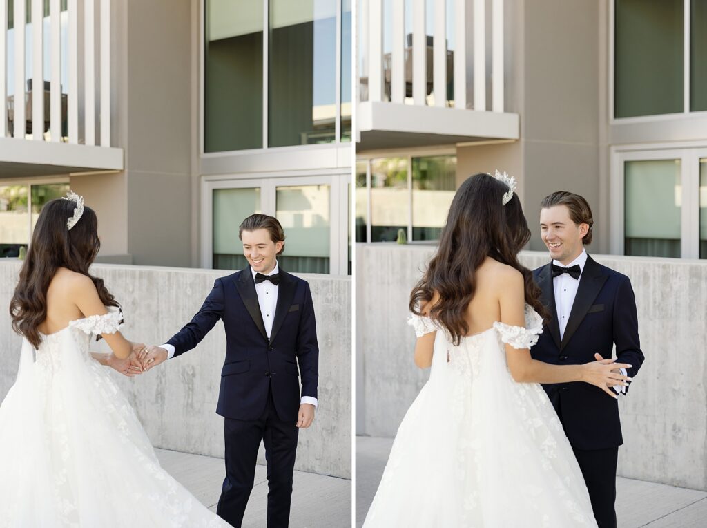 first look at mountain shadows on wedding day