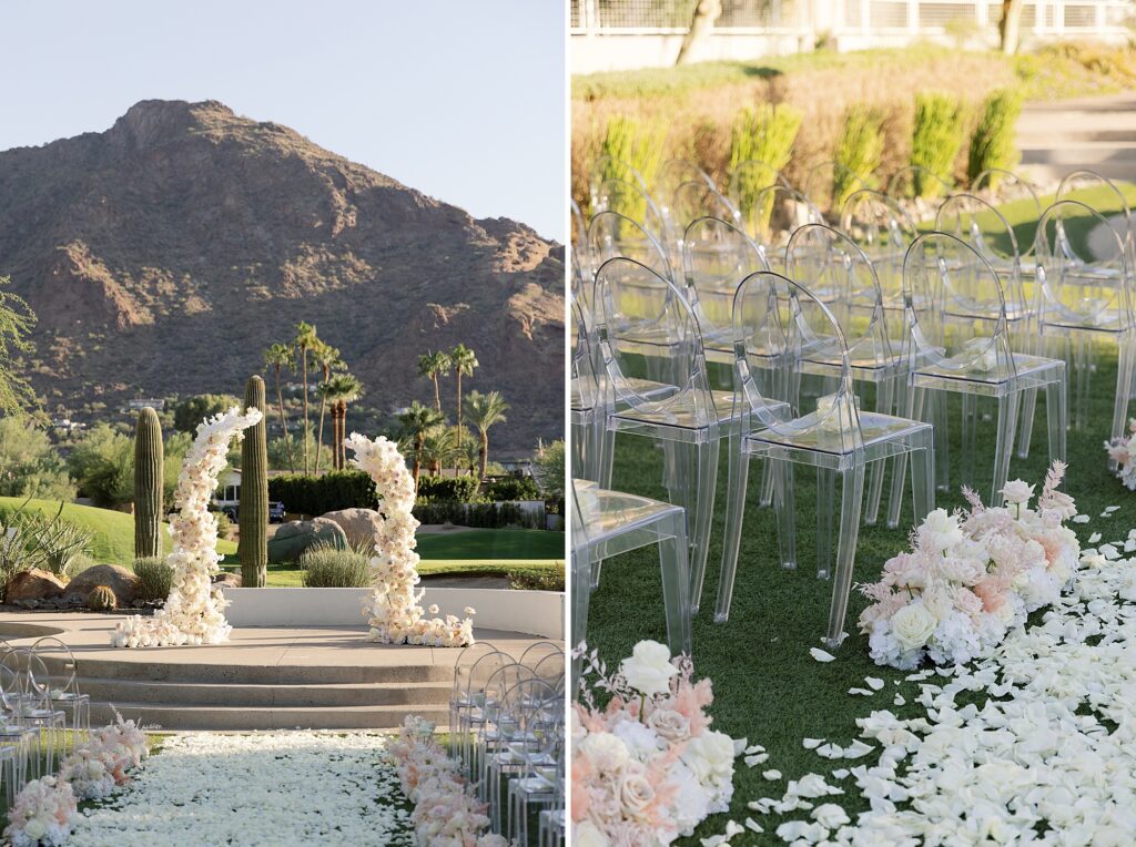 ceremony details with ghost chairs and neutral flowers at mountain shadows