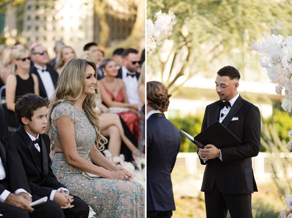 wedding guests smile during ceremony