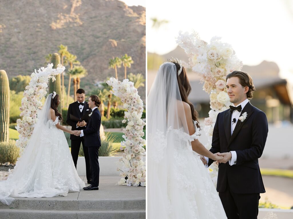wedding ceremony at mountain shadows with camelback backdrop