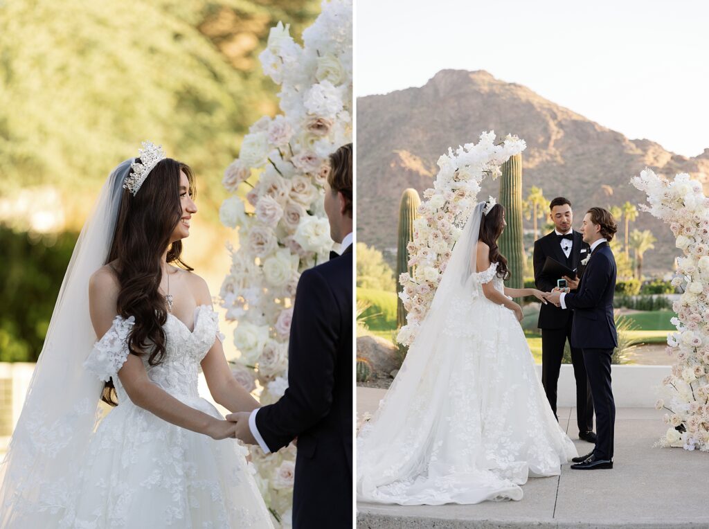 groom and bride hold hands during wedding ceremony