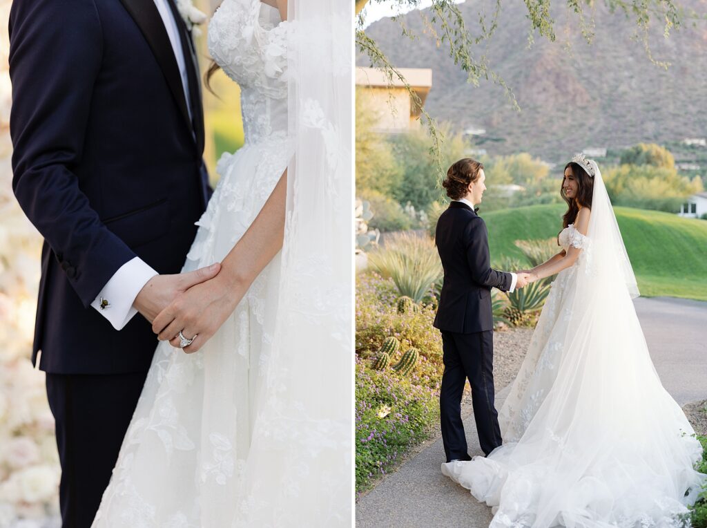 bride and groom hold hands on wedding day