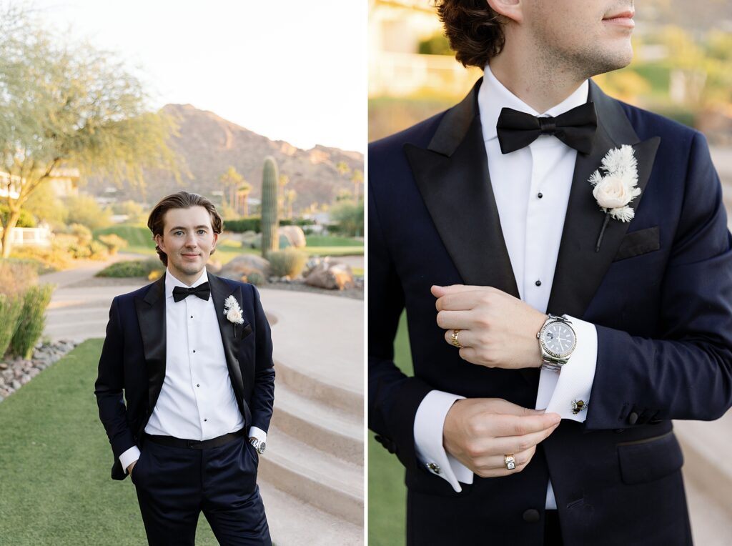 groom shows off his watch and custom bee cuff links