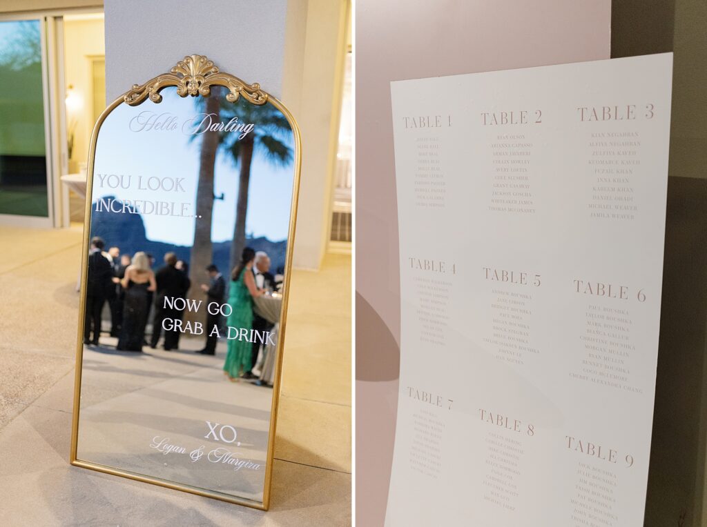 wedding guest seating chart and mirror