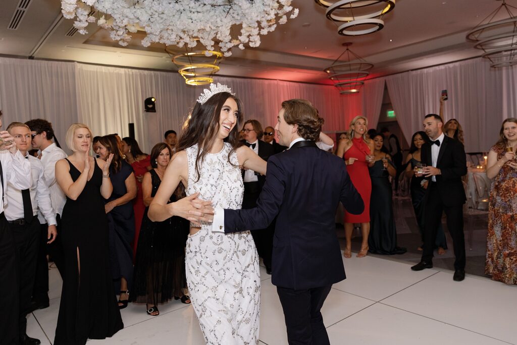 couple dances at wedding reception