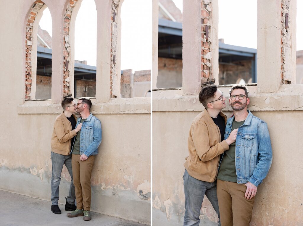Portrait session at the Monroe Street Abbey under stone arches with LGBTQAI+ couple.