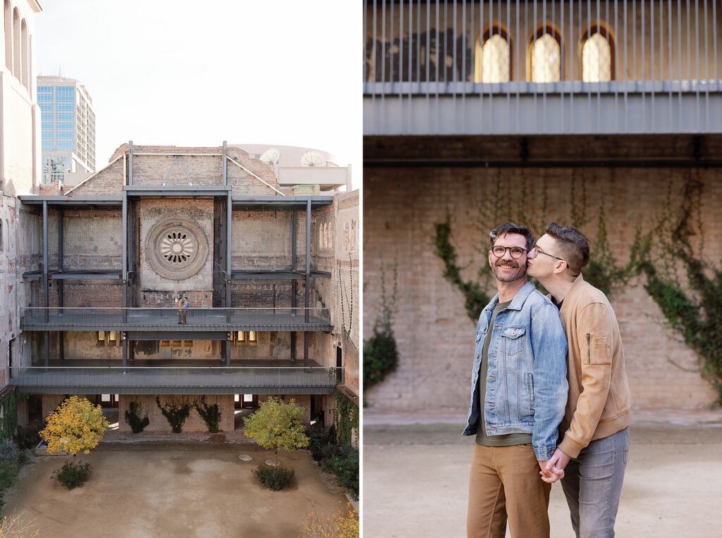LGBTQAI+ couple stand in courtyard of the historic Monroe Street Abbey wedding venue.