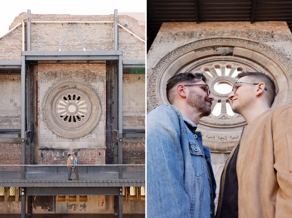 Couple stands in vast open air courtyard at Monroe Street Abbey wedding venue.