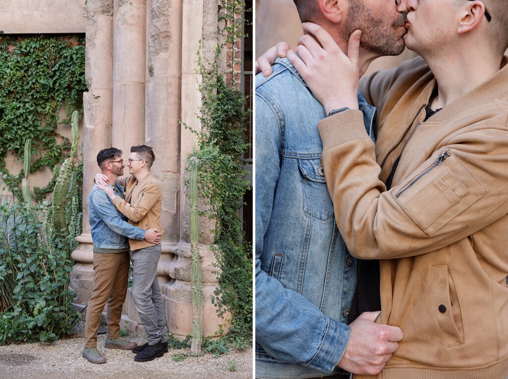 Couple cuddles and embraces in ivy covered historic courtyard at the Monroe Street Abbey.
