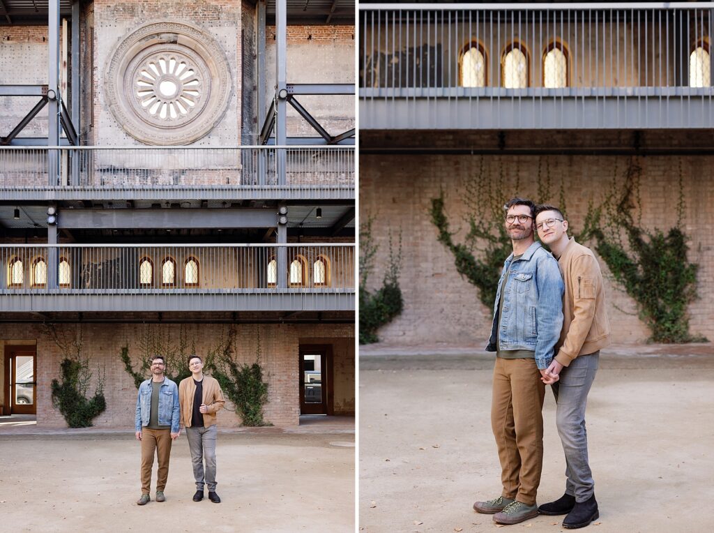 Couple cuddles in ivy covered open-air courtyard at the Monroe Street Abbey.
