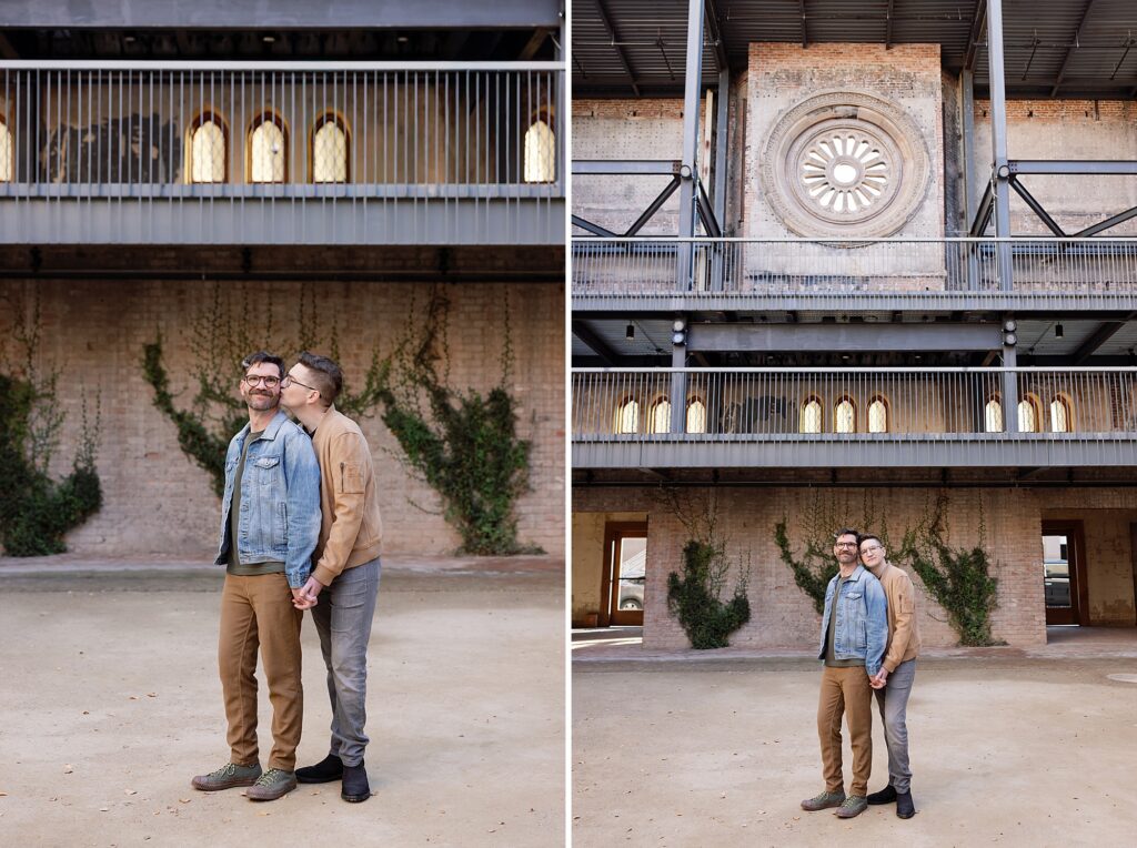 Couple cuddles in ivy covered open-air courtyard at the Monroe Street Abbey.