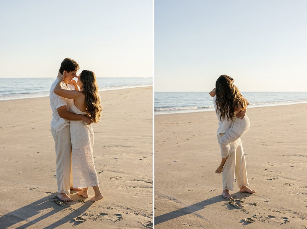 couple celebrate beach proposal