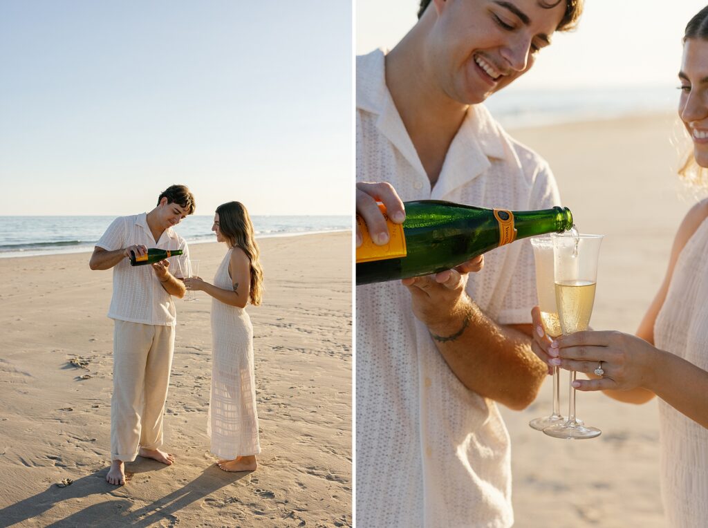 fiance pours champagne after beach proposal