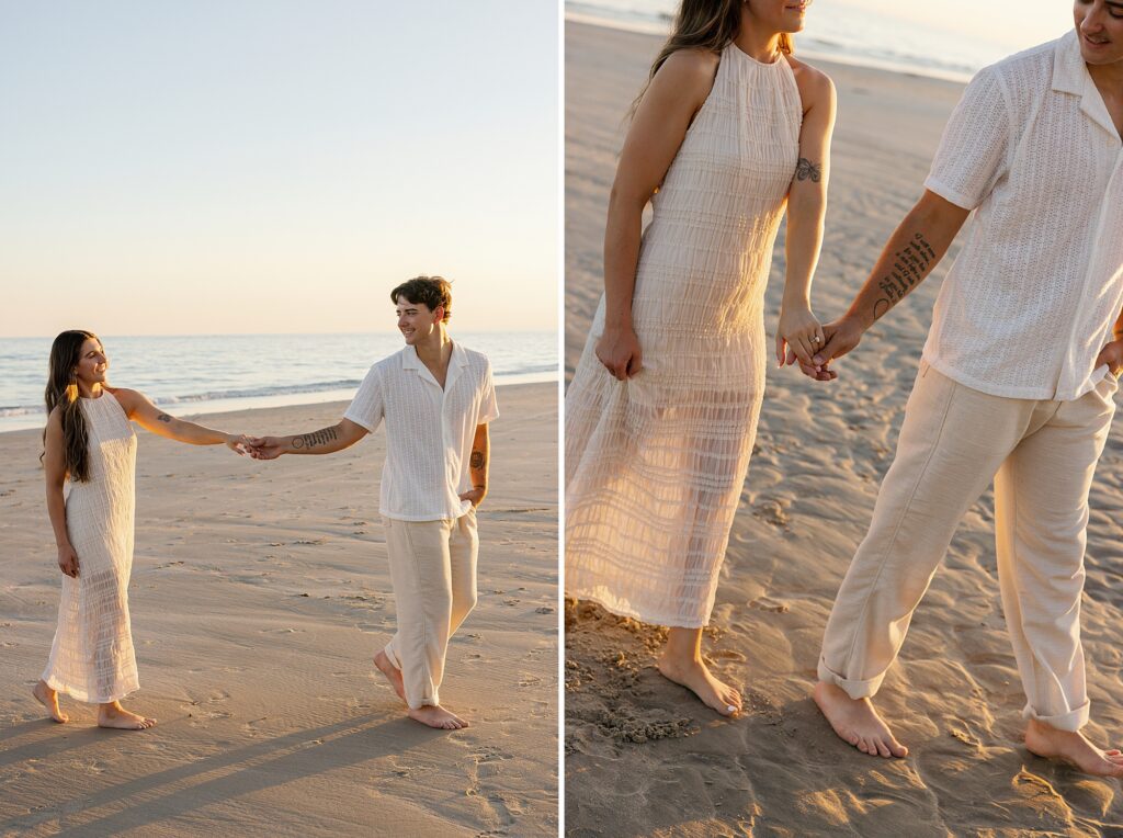 couple walk together on the beach at sunset