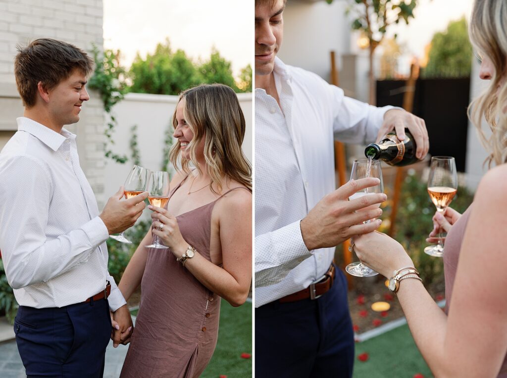 Couple shares champagne toast after surprise proposal at the Global Ambassador.