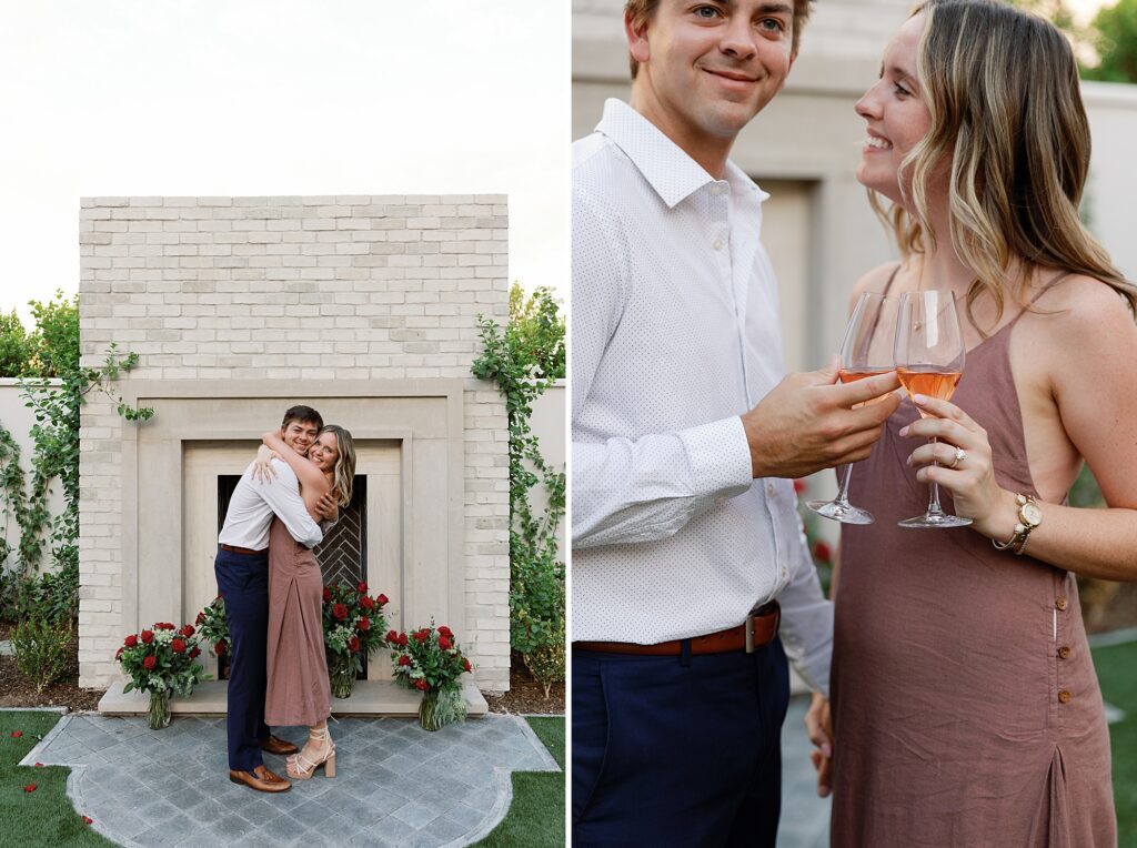 Couple shares champagne toast after surprise proposal at the Global Ambassador.