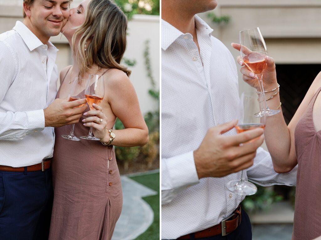 Couple shares champagne toast after surprise proposal at the Global Ambassador.