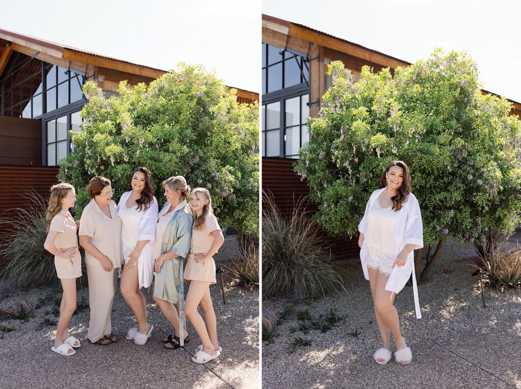 Bride and bridesmaids wear matching silk pajamas on wedding day.