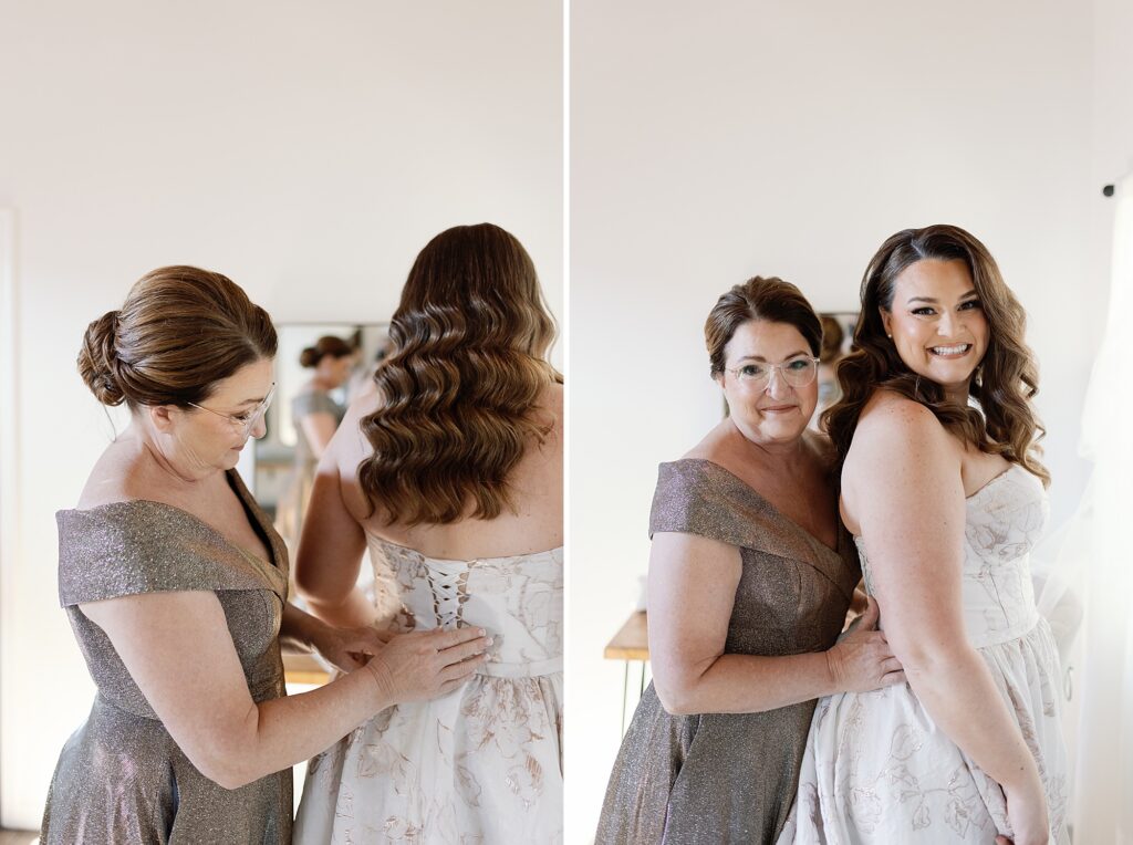 Mother of the bride zips up the bride's wedding dress at The Paseo.