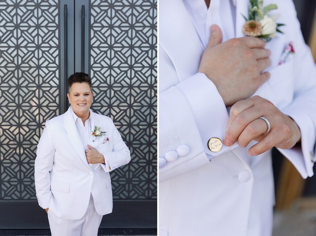 Bride shows off custom cuff links while wearing white suit at The Paseo.