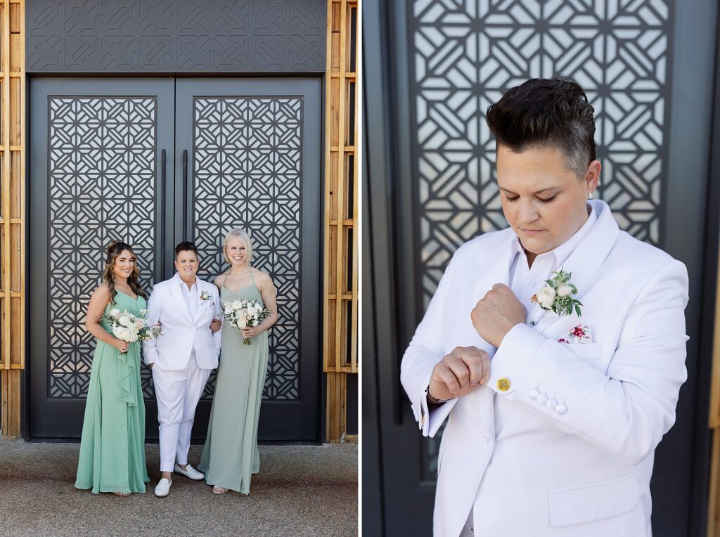Bride and Bridesmaids smile together in green dresses.
