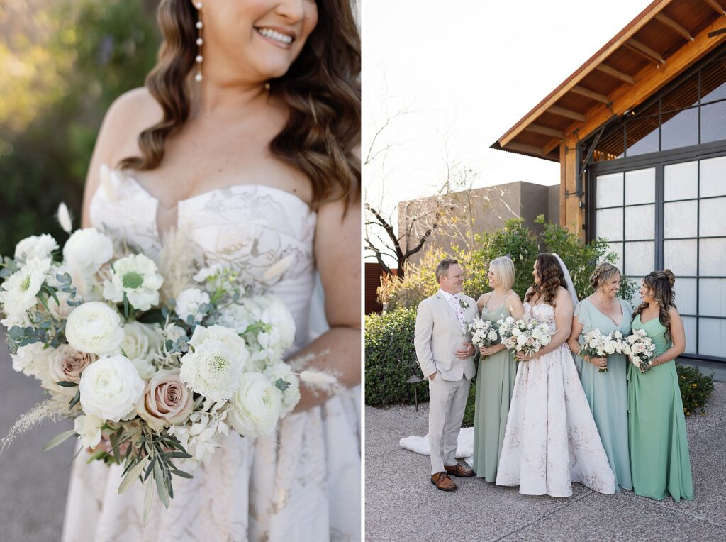 Bride and wedding party in green dresses smile while holding bouquets.
