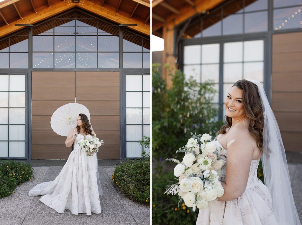 Bride smiles while holding bouquet and parasol on wedding day at the Paseo Wedding Venue.