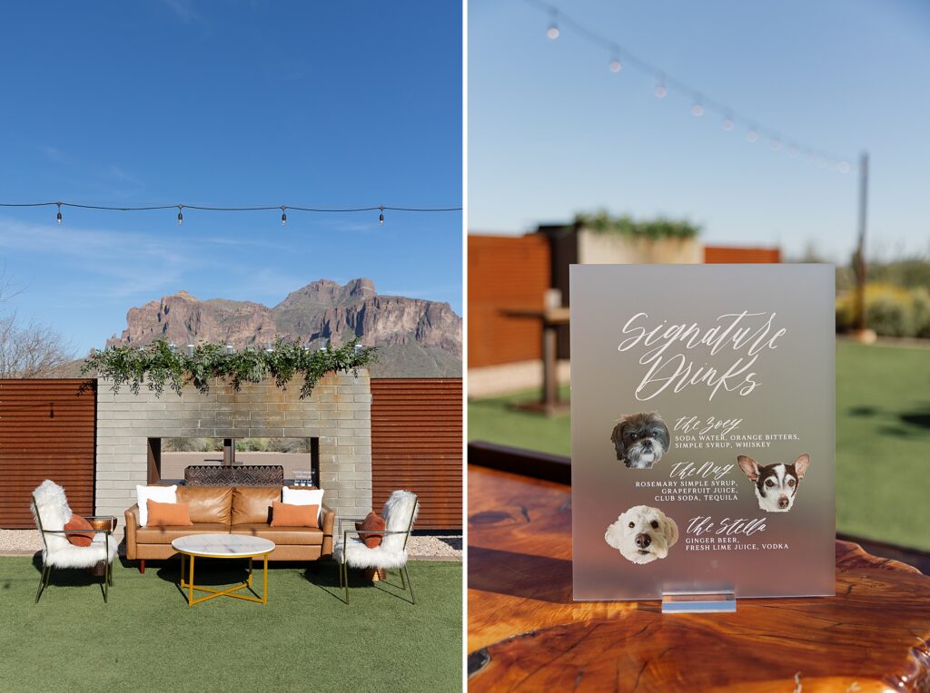 Cocktail hour at Paseo wedding with bar signage with dog monograms.