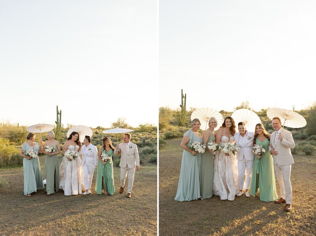 Wedding party in green and white in the Apache Junction desert holding parasols.