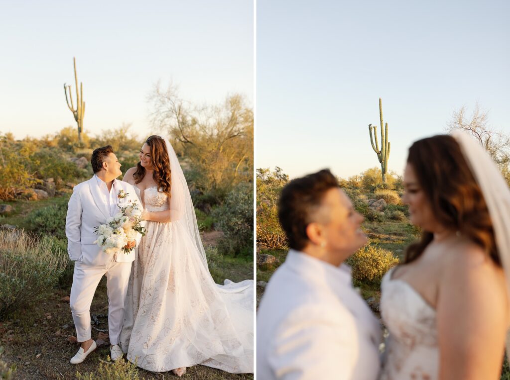 Two brides at sunset holding flowers in the Apache Junction desert at the Paseo wedding venue.