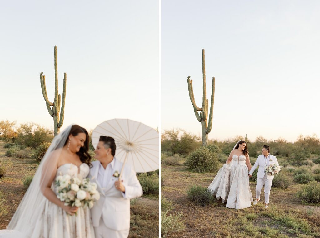 Two brides at sunset holding flowers in the Apache Junction desert at the Paseo wedding venue.