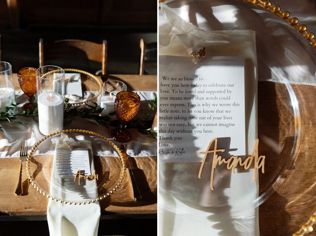 Wedding reception place setting with gold rimmed charger and custom wood name engraving.