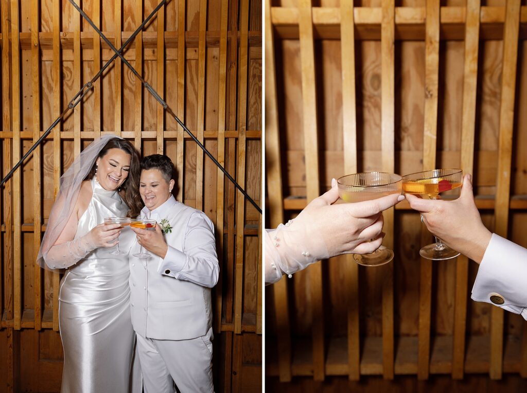 Two brides share champagne toast at wedding in Apache Junction, Arizona.