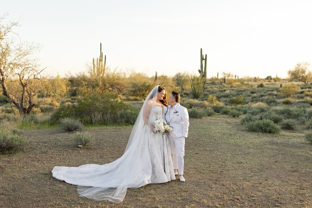 Sunset wedding photos with LGBTQAI+ couple at The Paseo Wedding Venue.