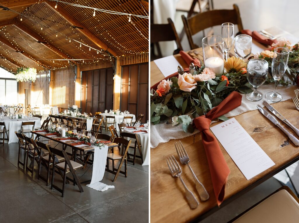 Wedding Reception tables decorated with burnt orange linens, pink roses, and white menu cards.