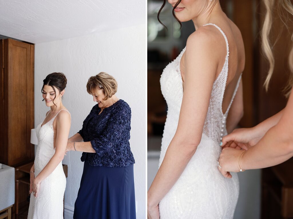 Bride's mother zips her into wedding dress at The Scott Resort and Spa.