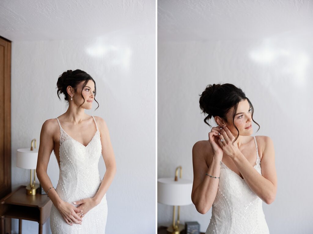 Bride puts on earrings while wearing her wedding dress in Scottsdale, Arizona.