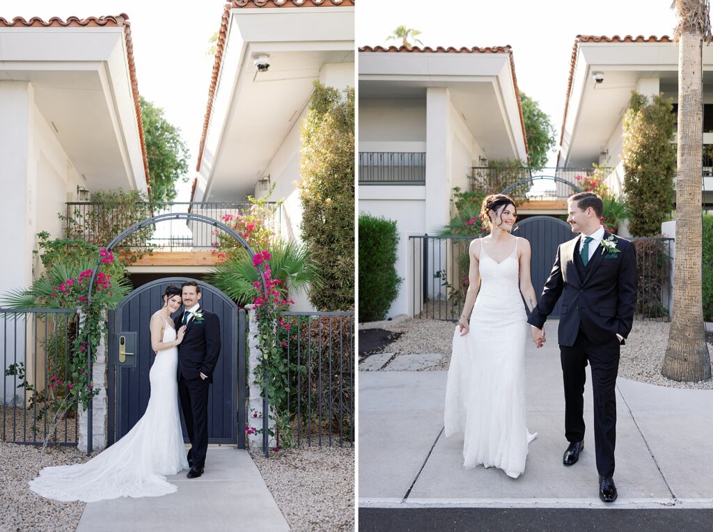 Bride and groom walk together hand in hand at The Scott Resort and Spa.