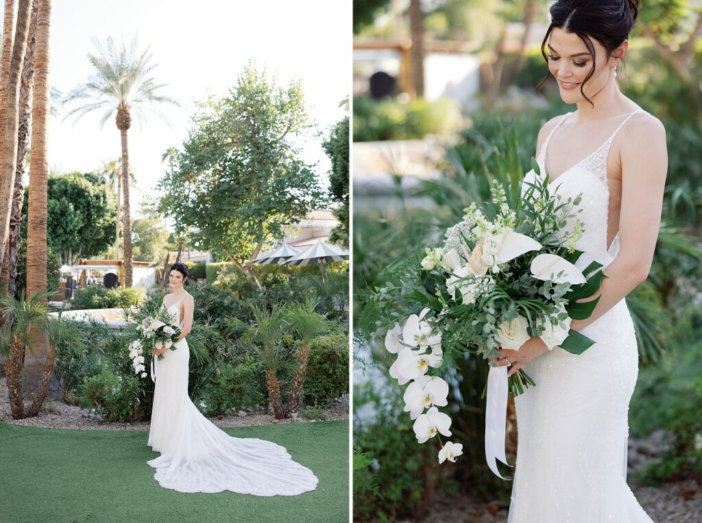Bride holds tropical bouquet while standing in front of palm trees at the Scott Resort and Spa.