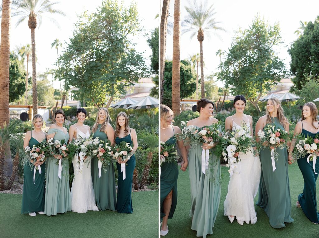 Bride and bridesmaids smile at one another while holding tropical bouquets at the Scott Resort and Spa.