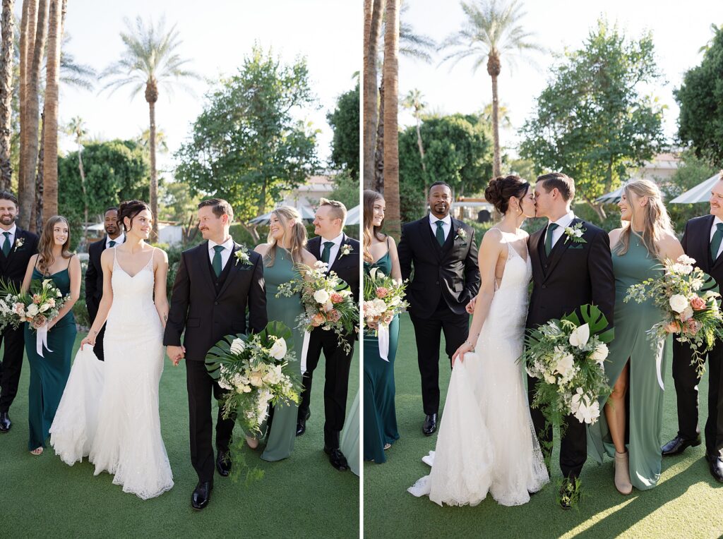 Wedding party walk and smile in front of palm trees at the Scott Resort and Spa.