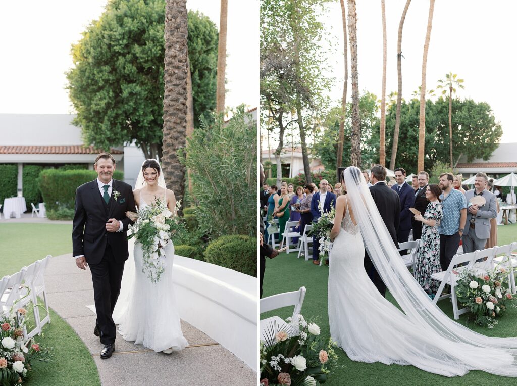 Bride walks down the aisle during wedding ceremony at the Scott Resort and Spa.