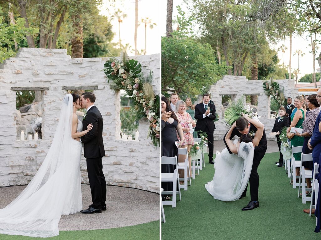 Bride and groom share first kiss during tropical wedding ceremony at the Scott Resort and Spa.