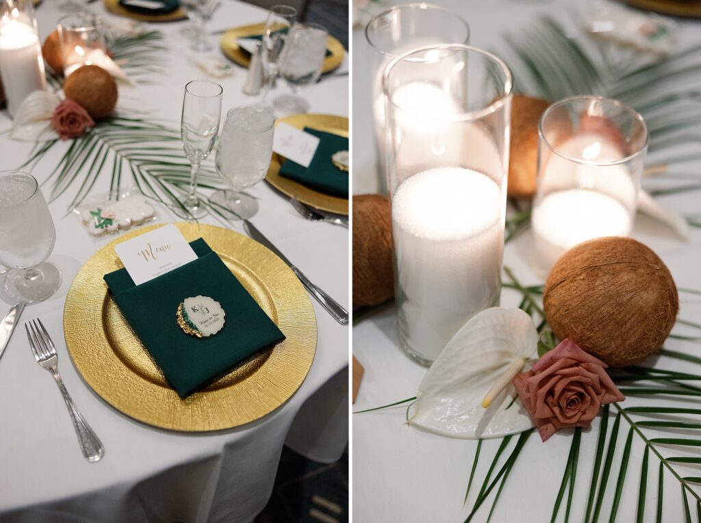 Wedding reception decor with gold charger, tropical palm leaves, and coconuts.