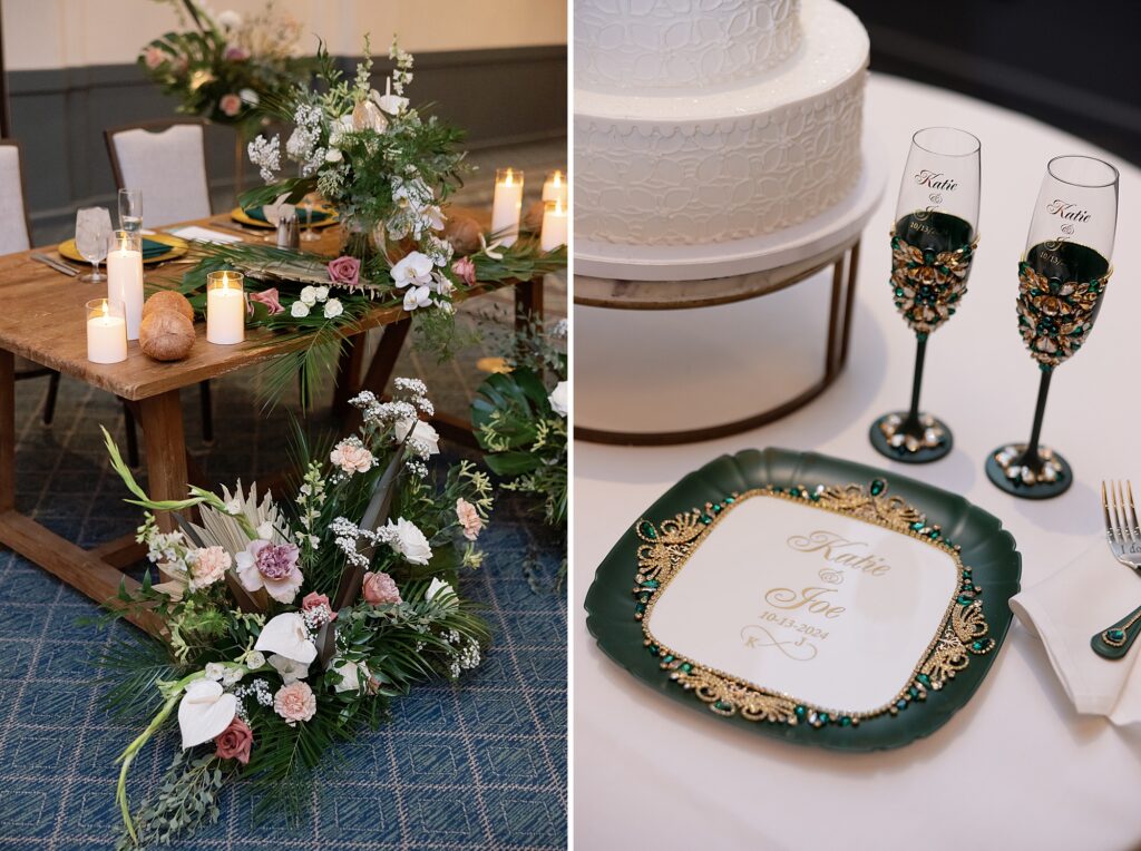 Custom green and white Champagne glasses next to white wedding cake.