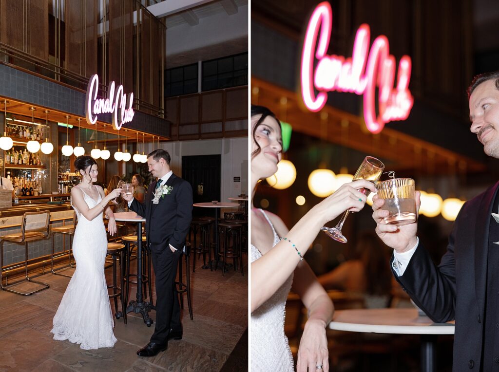 Bride and groom share Champagne toast at the canal club at the Scott Resort and Spa.