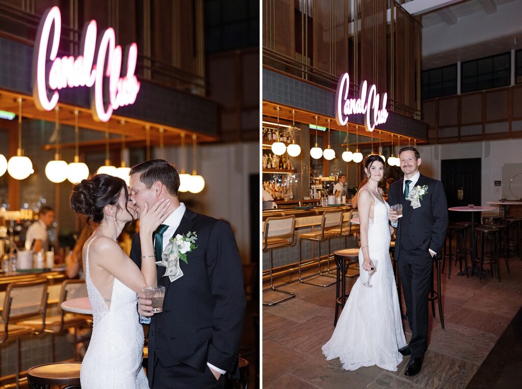 Bride and groom share kiss at the canal club at the Scott Resort and Spa.